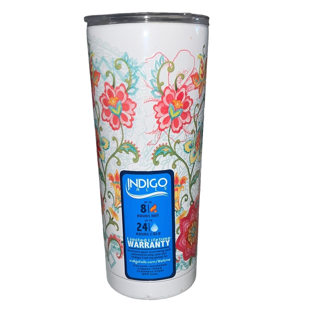 4/$40 Indigo Falls White with‎ Pink Floral Print Boho Chic Travel Cup